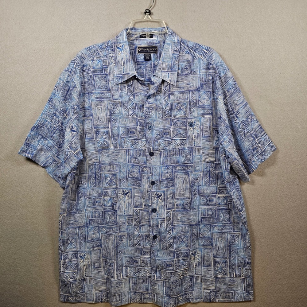 Weekender Luau Edition Mens XL Blue Silk Cotton Tribal Palm Tree Camp Shirt